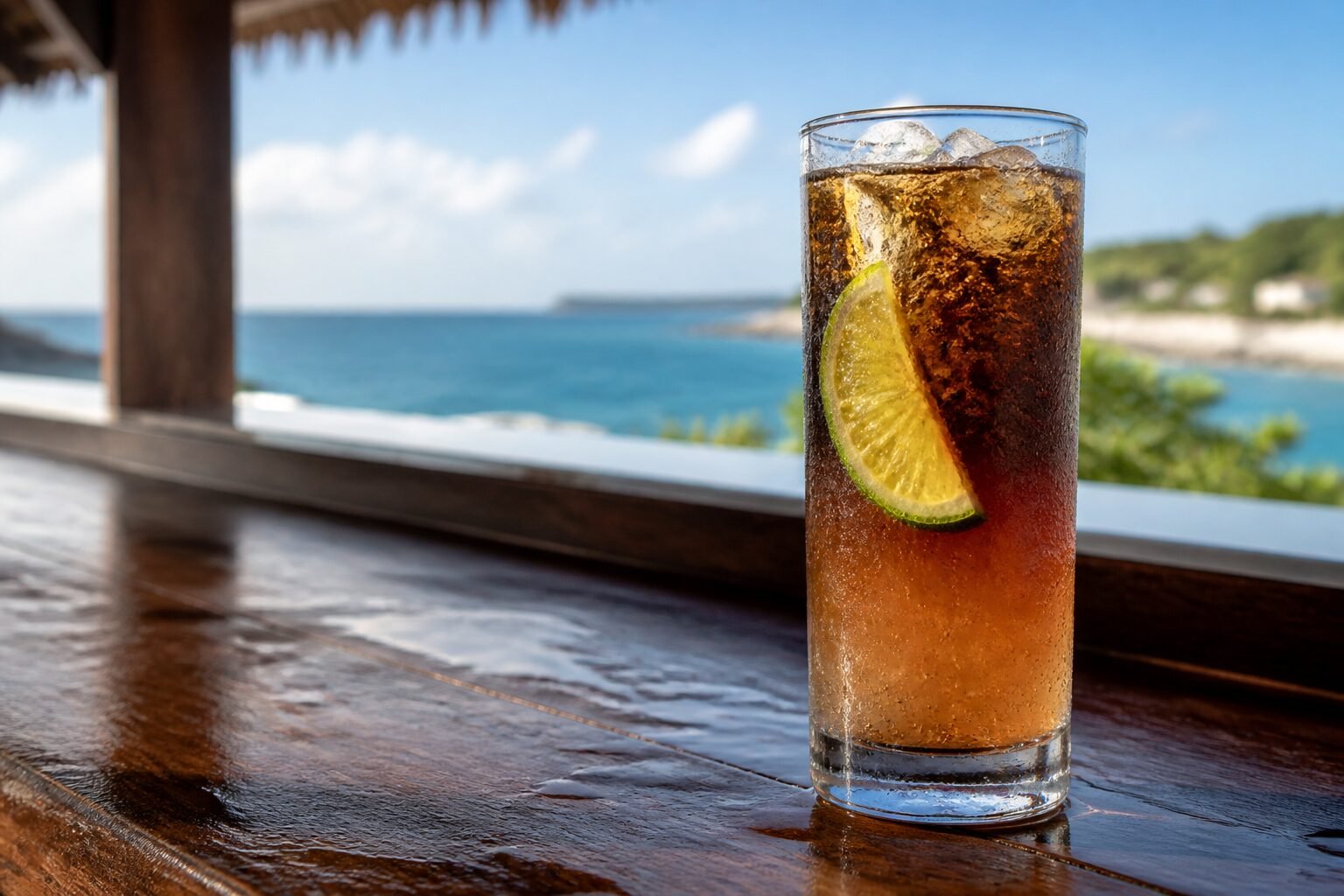 Dark n Stormy cocktail with dark rum layered over ginger beer, ice, bubbles, and a lime wedge.