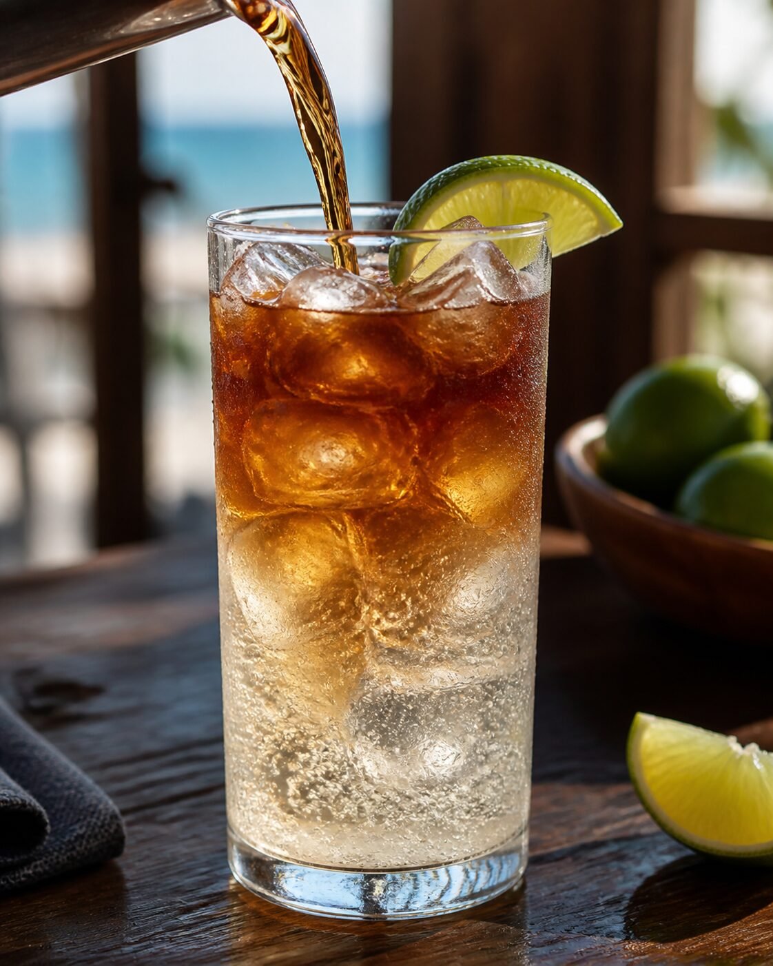 A Dark n Stormy being assembled with dark rum, fizzy ginger beer, ice, and lime in a highball glass.