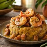 Dominican mofongo with garlic shrimp, fried plantain, herbs, and broth.