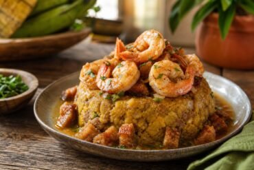 Dominican mofongo with garlic shrimp, fried plantain, herbs, and broth.