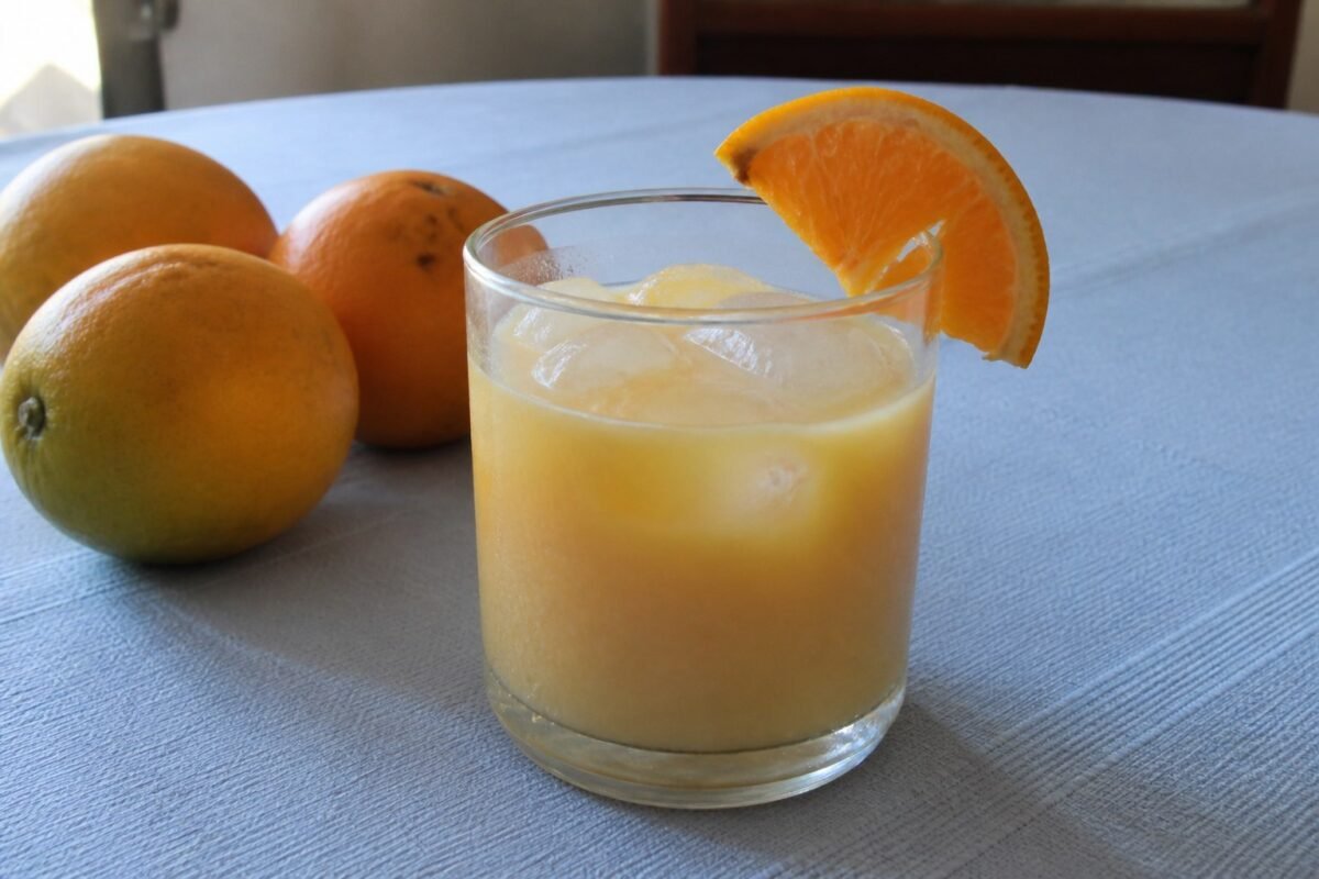 Dominican morir sonando, a creamy orange and milk drink served cold with ice and an orange slice.