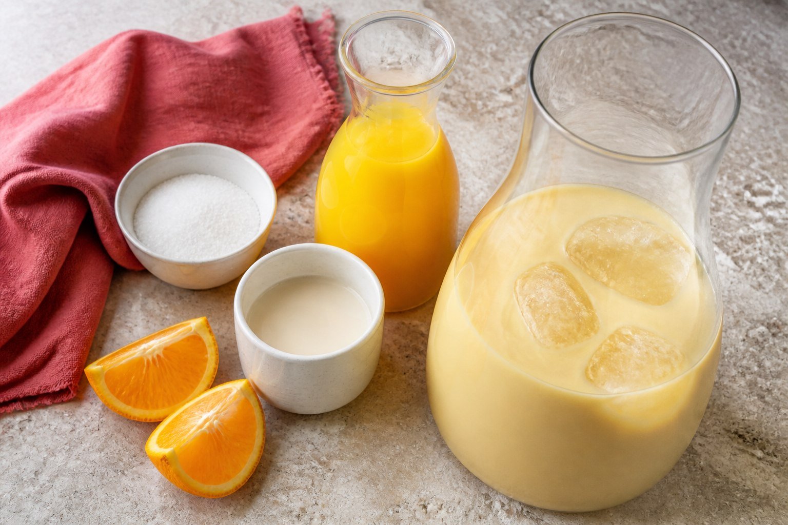 Cold orange juice, evaporated milk, sugar, oranges, and a carafe of morir sonando with ice.