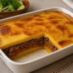 Dominican pastelón casserole layered with ripe plantain and seasoned beef.