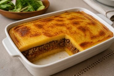 Dominican pastelón casserole layered with ripe plantain and seasoned beef.