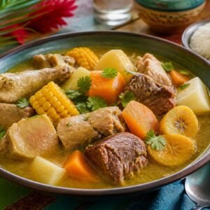 A bowl of Dominican sancocho with beef, chicken, pork, plantain, corn, and root vegetables.