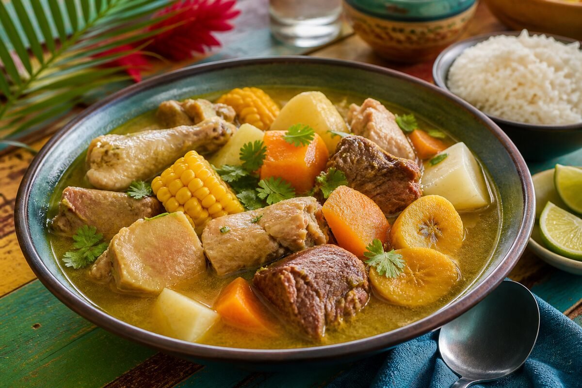 A bowl of Dominican sancocho with beef, chicken, pork, plantain, corn, and root vegetables.