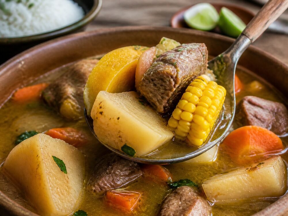 A ladle serving Dominican sancocho with tender meat, plantain, corn, and yuca.