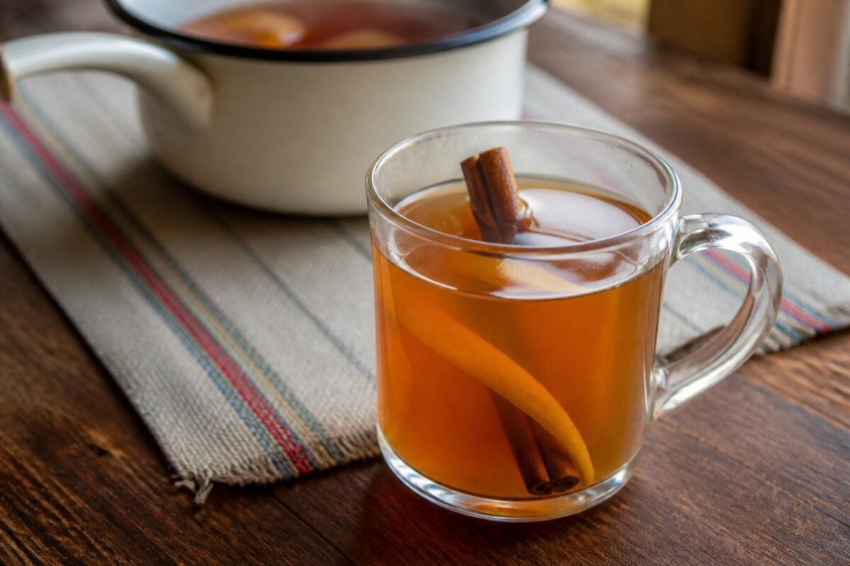 Warm Ecuadorian canelazo with cinnamon and orange in a clear heatproof mug.