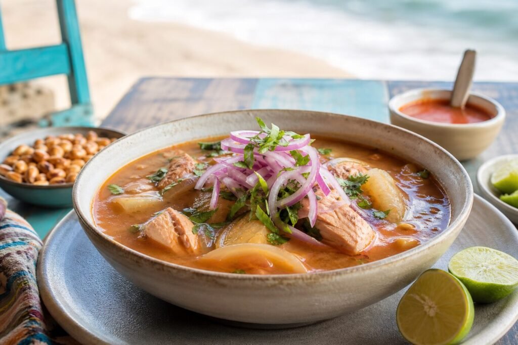 Ecuadorian encebollado fish and yuca soup with red onion and cilantro.
