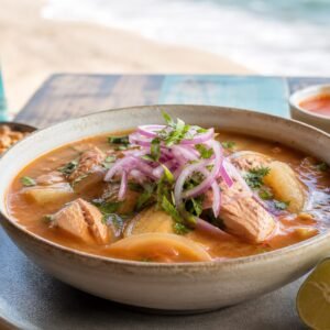 Ecuadorian encebollado fish and yuca soup with red onion and cilantro.