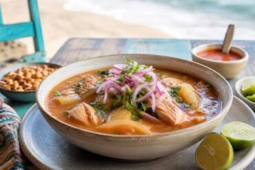 Ecuadorian encebollado fish and yuca soup with red onion and cilantro.