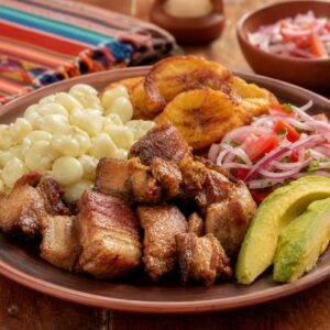 Ecuadorian Fritada with crisp pork, hominy, plantain, avocado, and curtido.