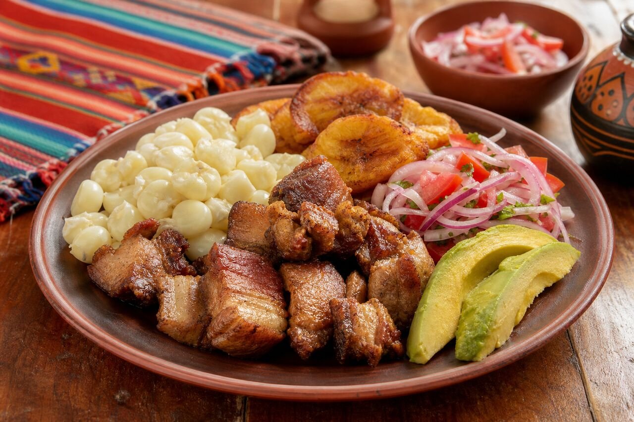 Ecuadorian Fritada with crisp pork, hominy, plantain, avocado, and curtido.