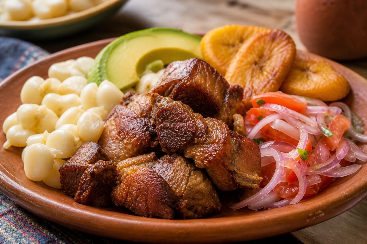 A close serving of Ecuadorian Fritada with caramelized pork, hominy, plantain, avocado, and curtido.