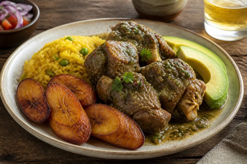 Ecuadorian goat stew with yellow rice, fried plantain, and avocado.