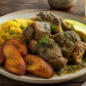 Ecuadorian goat stew with yellow rice, fried plantain, and avocado.