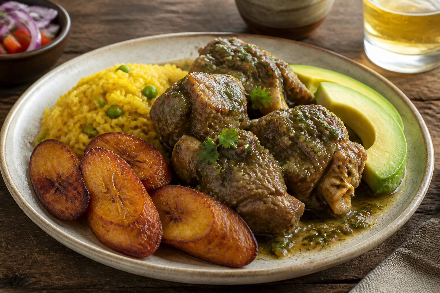 Ecuadorian goat stew with yellow rice, fried plantain, and avocado.