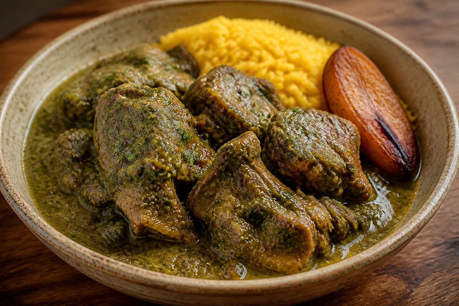 Close bowl of tender goat in cilantro sauce with rice and caramelized plantain.