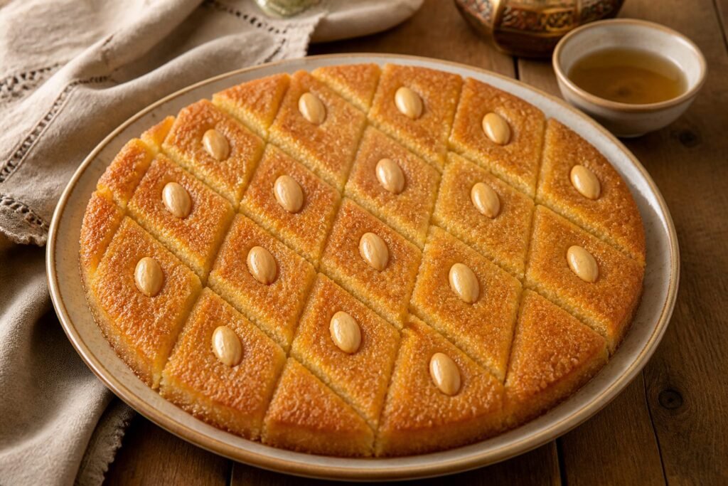 Golden Egyptian basbousa semolina cake cut into almond-topped diamonds.