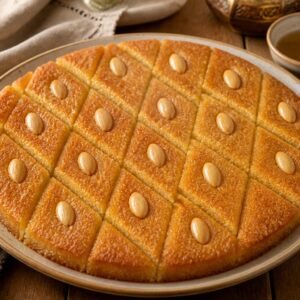 Golden Egyptian basbousa semolina cake cut into almond-topped diamonds.