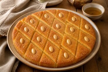 Golden Egyptian basbousa semolina cake cut into almond-topped diamonds.