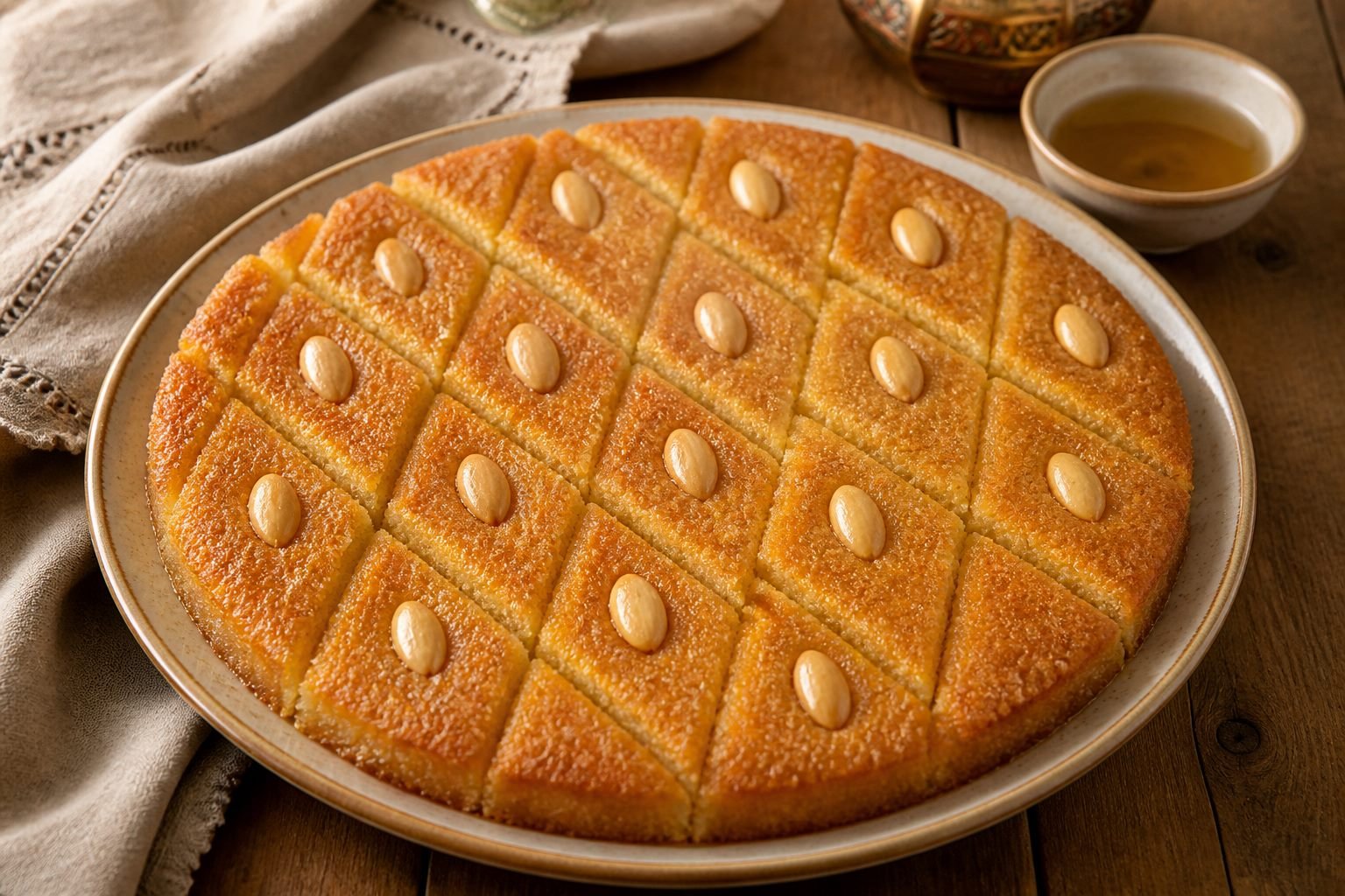 Golden Egyptian basbousa semolina cake cut into almond-topped diamonds.