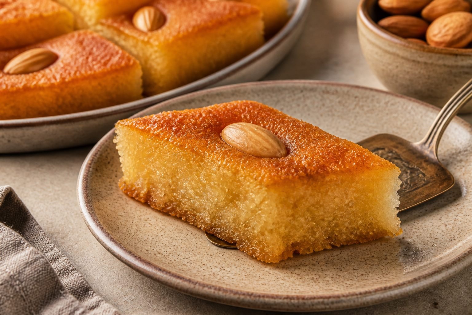 A close serving of moist Egyptian basbousa with a glossy syrup-soaked semolina crumb.