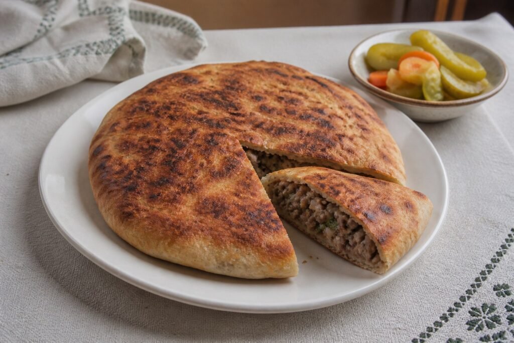 Egyptian hawawshi flatbread filled with seasoned beef and served with pickles.