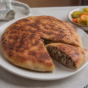 Egyptian hawawshi flatbread filled with seasoned beef and served with pickles.