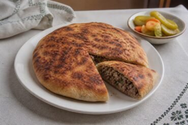 Egyptian hawawshi flatbread filled with seasoned beef and served with pickles.