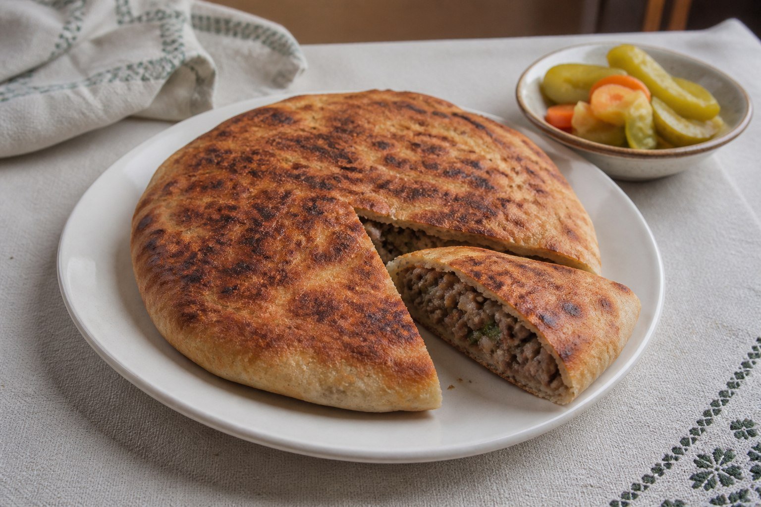 Egyptian hawawshi flatbread filled with seasoned beef and served with pickles.
