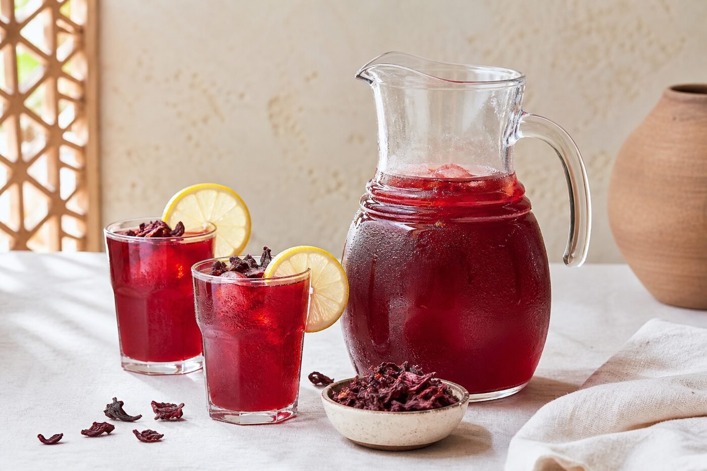 Ruby-red Egyptian hibiscus tea served in glasses beside a pitcher and dried petals.