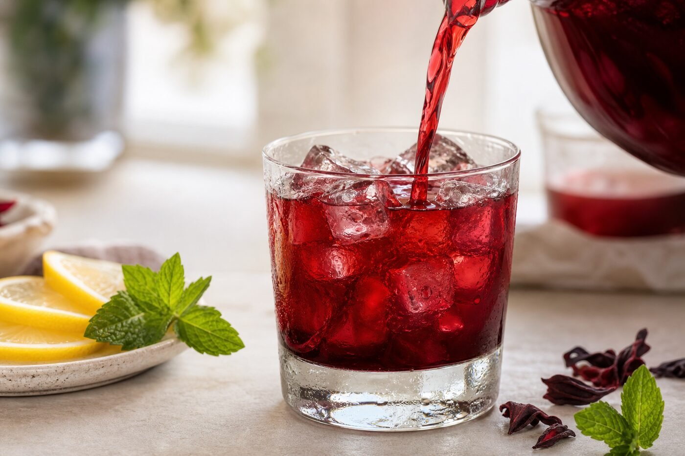 Chilled Egyptian hibiscus tea poured over ice with lemon and mint.