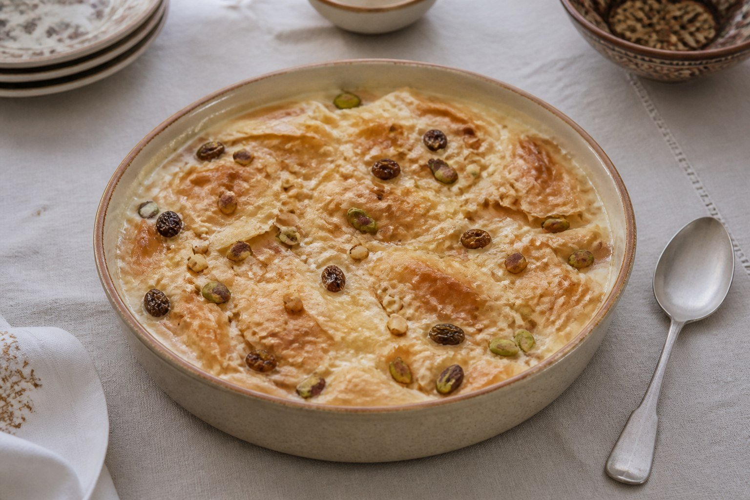 Egyptian Om Ali puff-pastry pudding baked with milk, raisins, almonds, and pistachios.