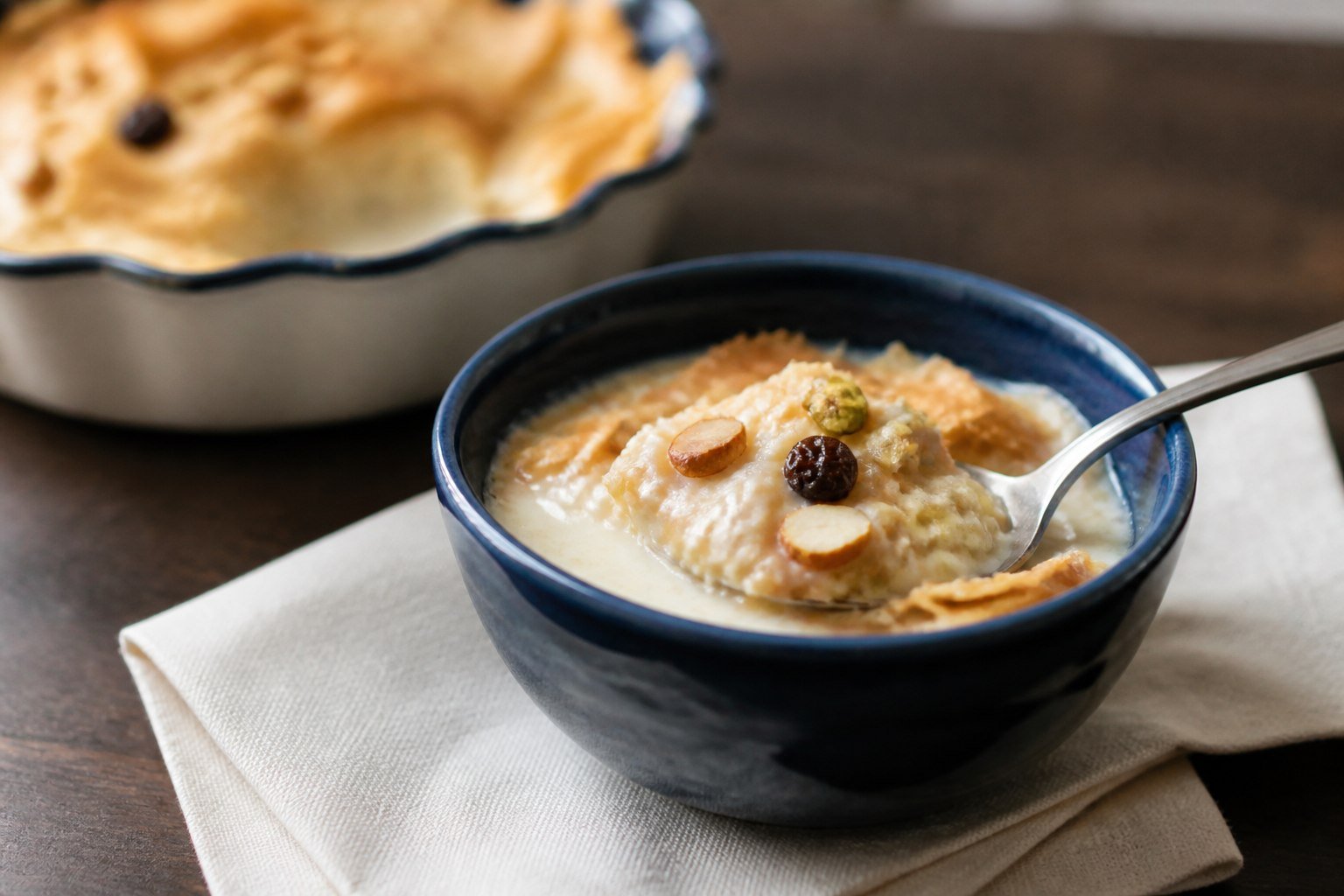 A warm serving of Egyptian Om Ali in a blue bowl with creamy pastry, raisins, and nuts.