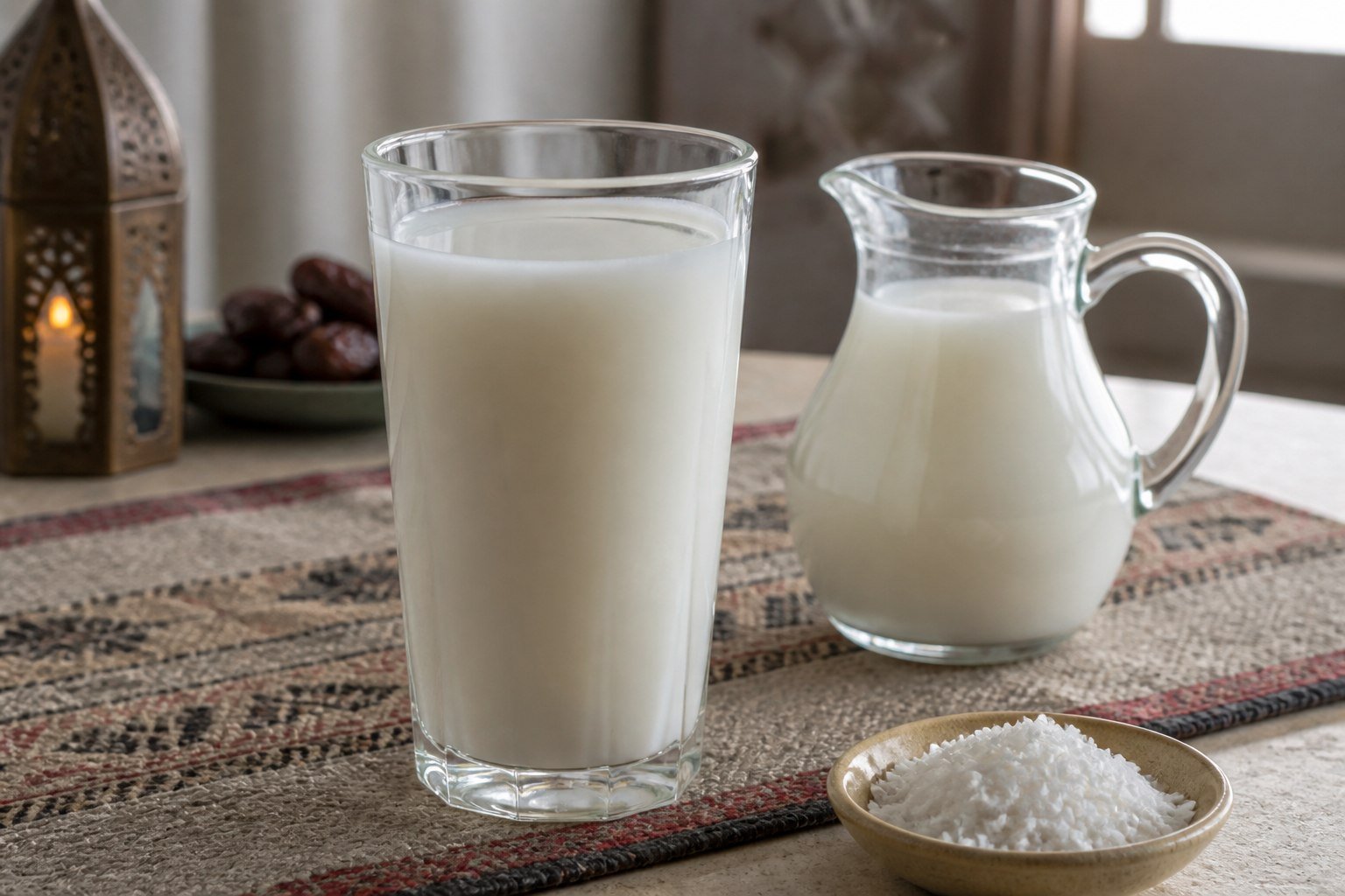 Egyptian sobia coconut-rice drink in a clear glass beside a pitcher.