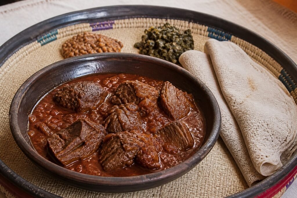 Eritrean beef zigni with injera, lentils, and cooked greens.