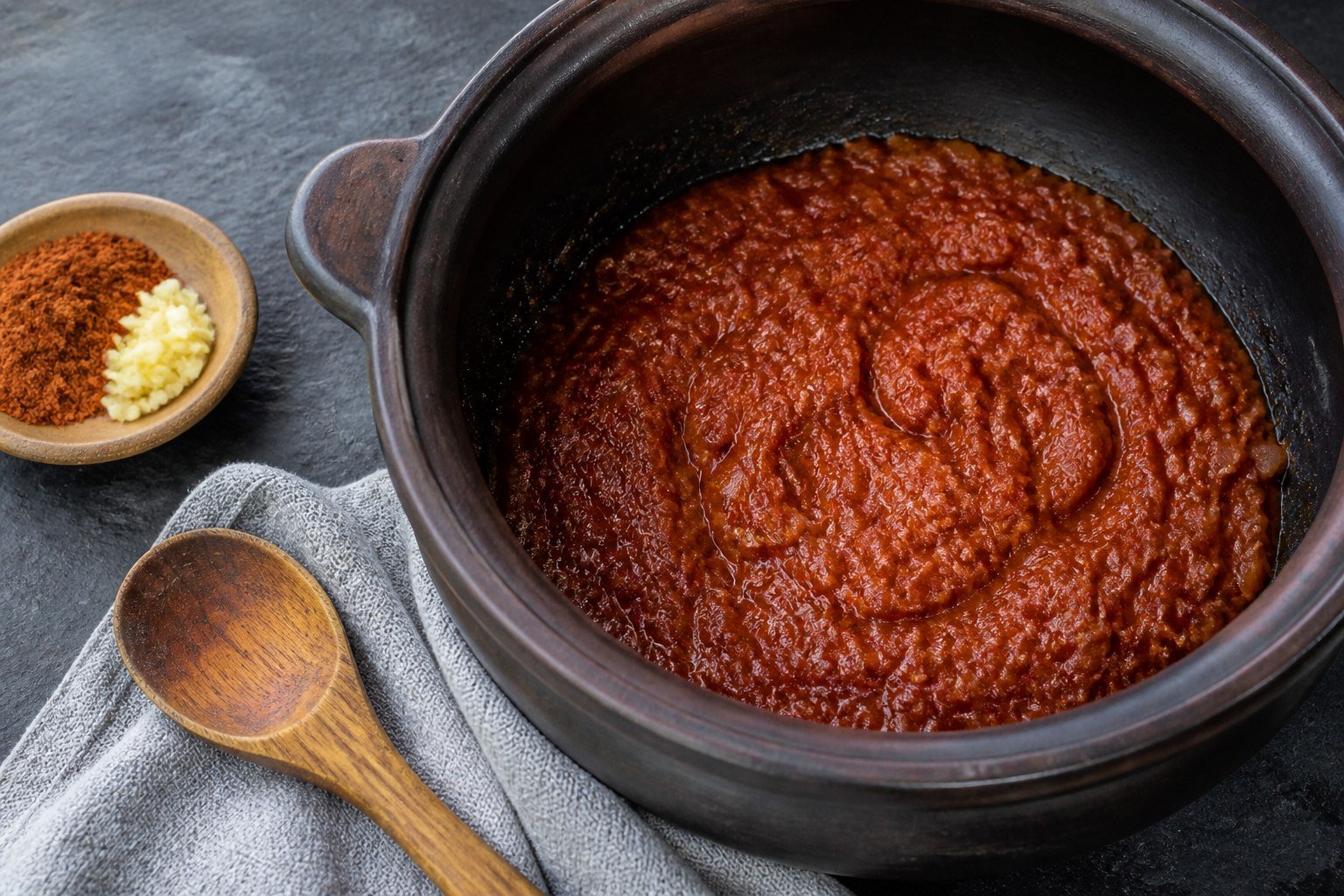 The smooth onion and berbere base for Eritrean zigni in an earthenware pot.
