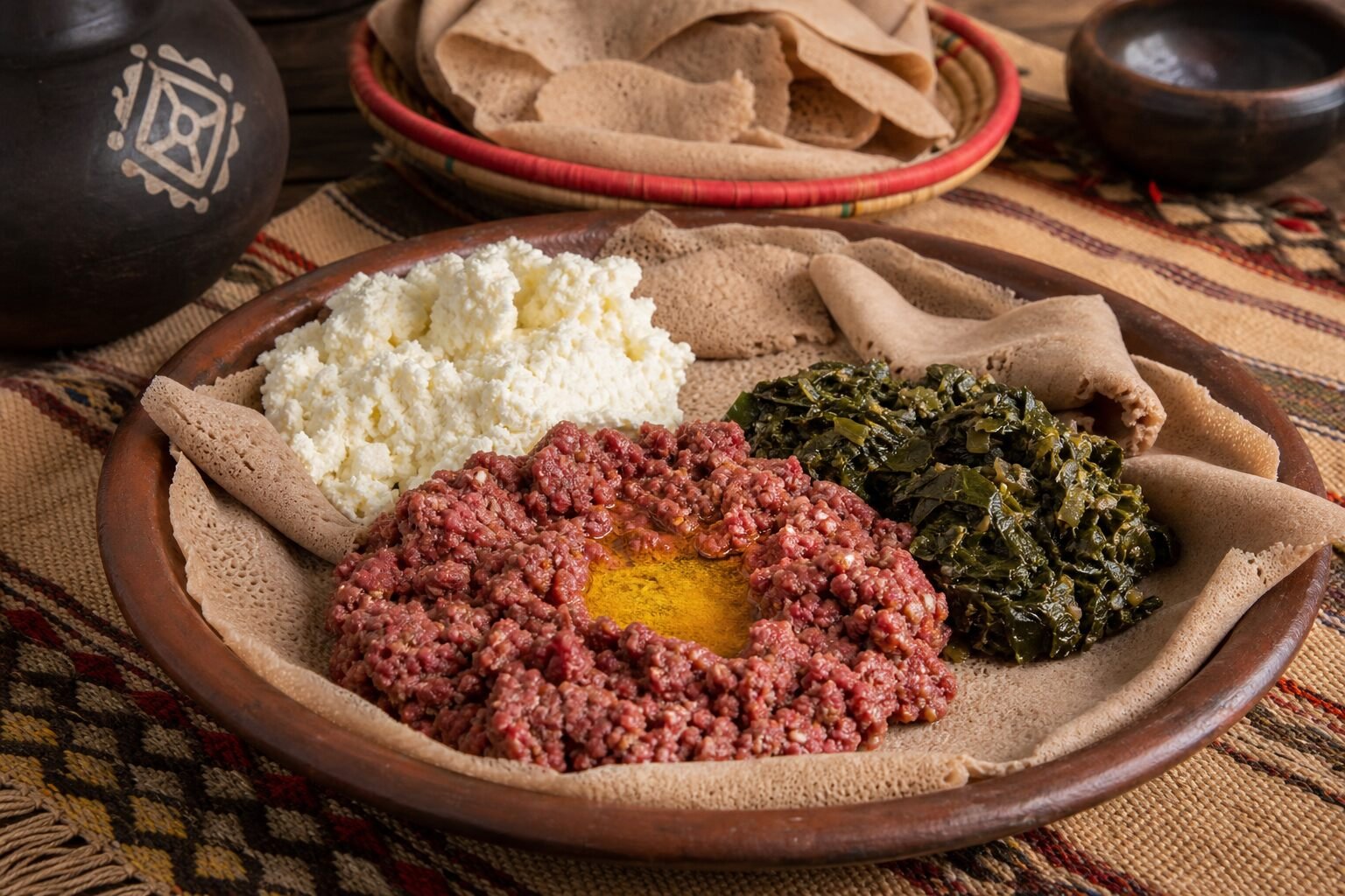 Ethiopian kitfo with ayib, collard greens, and injera on a rustic platter.