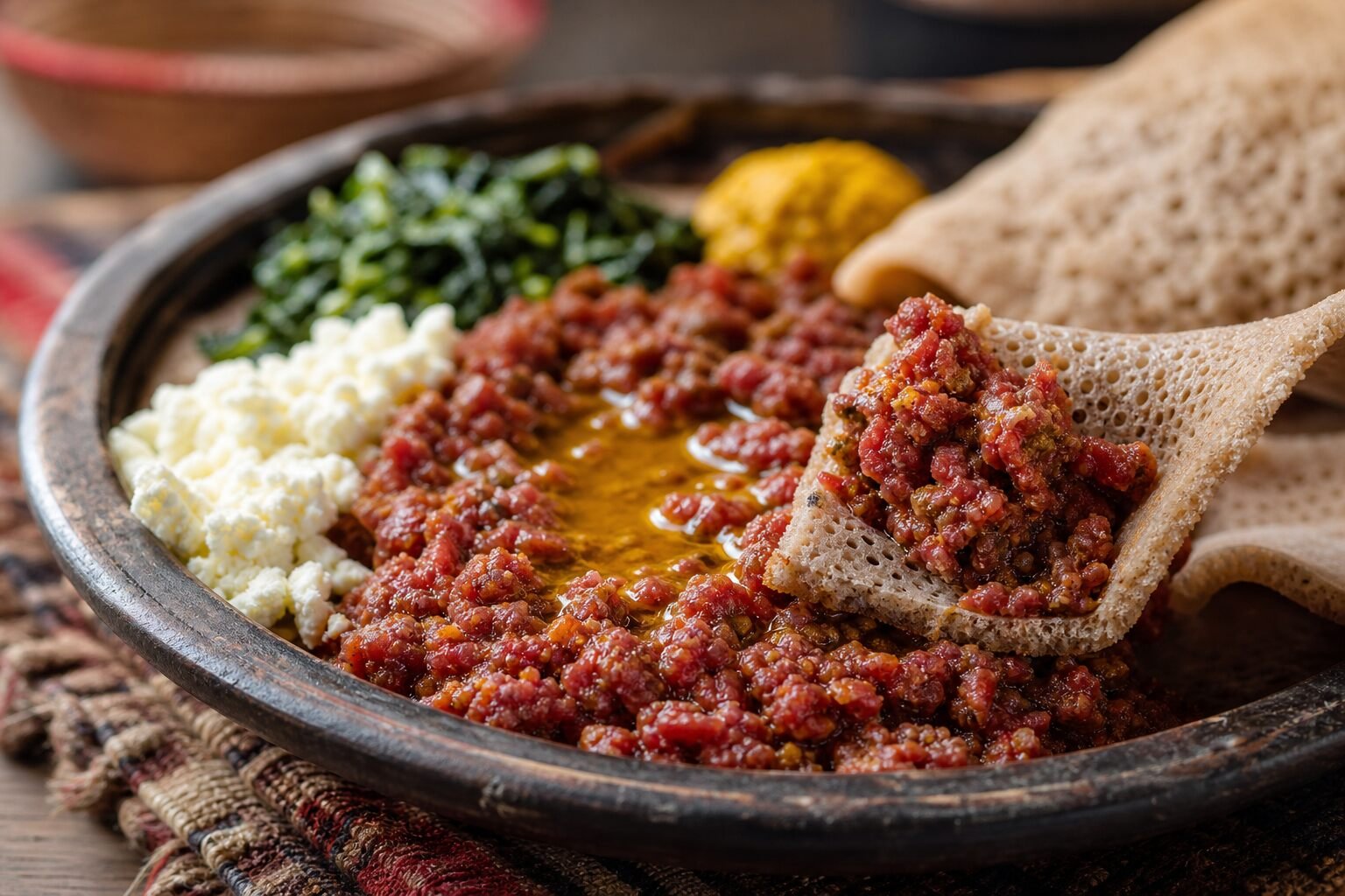 Close-up of seasoned Ethiopian kitfo with ayib, greens, spiced butter, and injera.