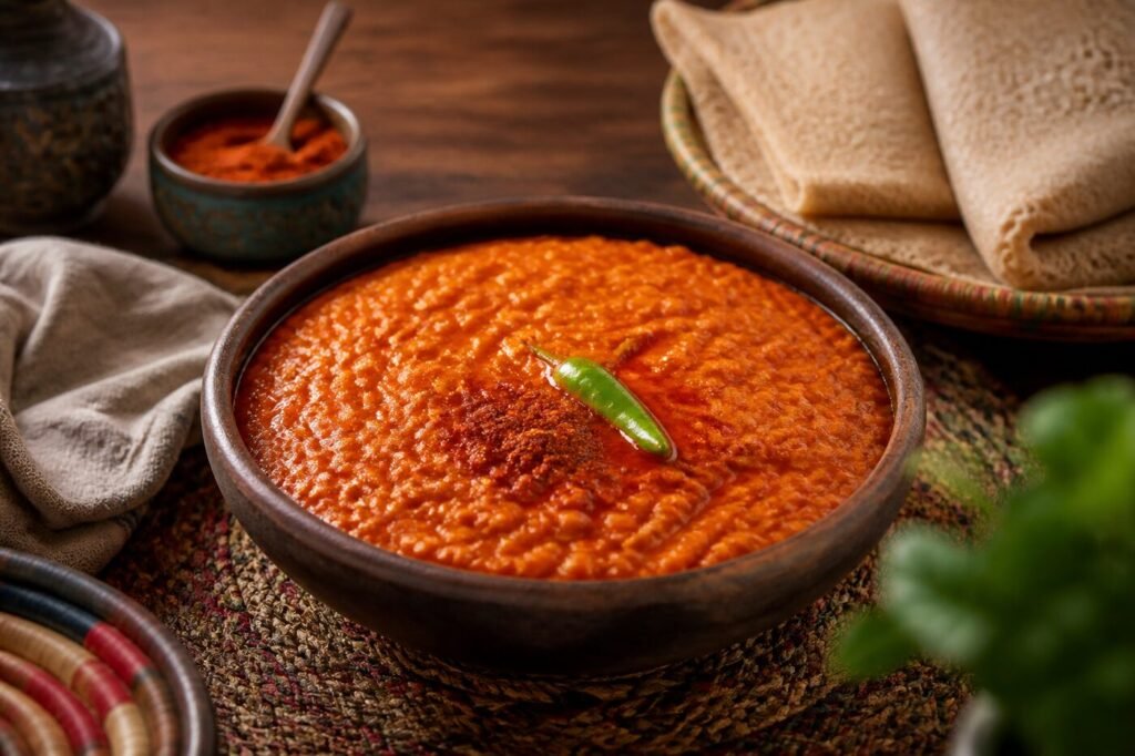 Ethiopian misir wat red lentil stew served with injera.