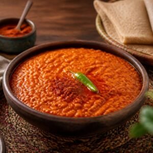 Ethiopian misir wat red lentil stew served with injera.