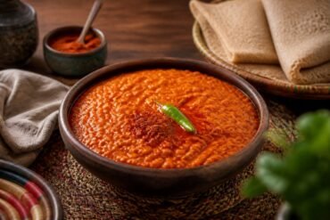 Ethiopian misir wat red lentil stew served with injera.