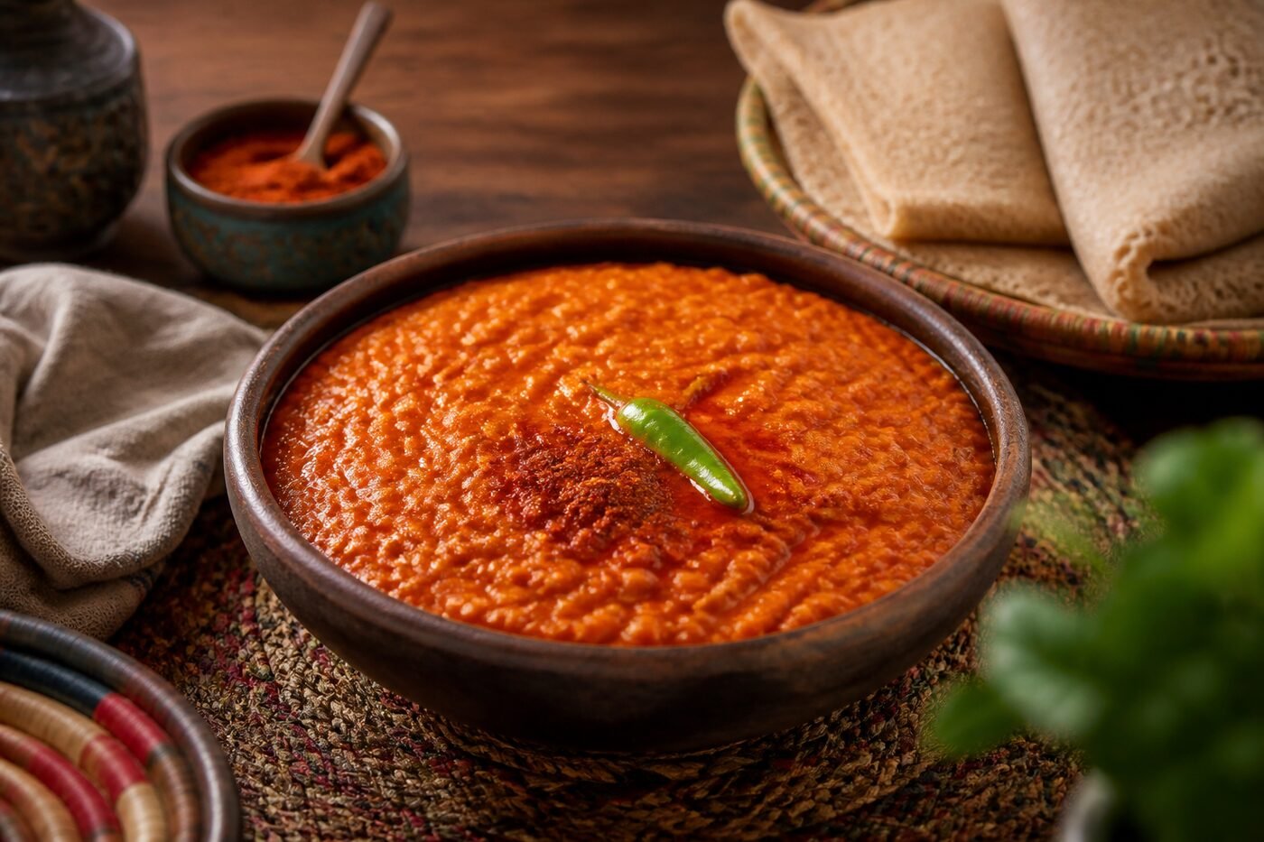 Ethiopian misir wat red lentil stew served with injera.