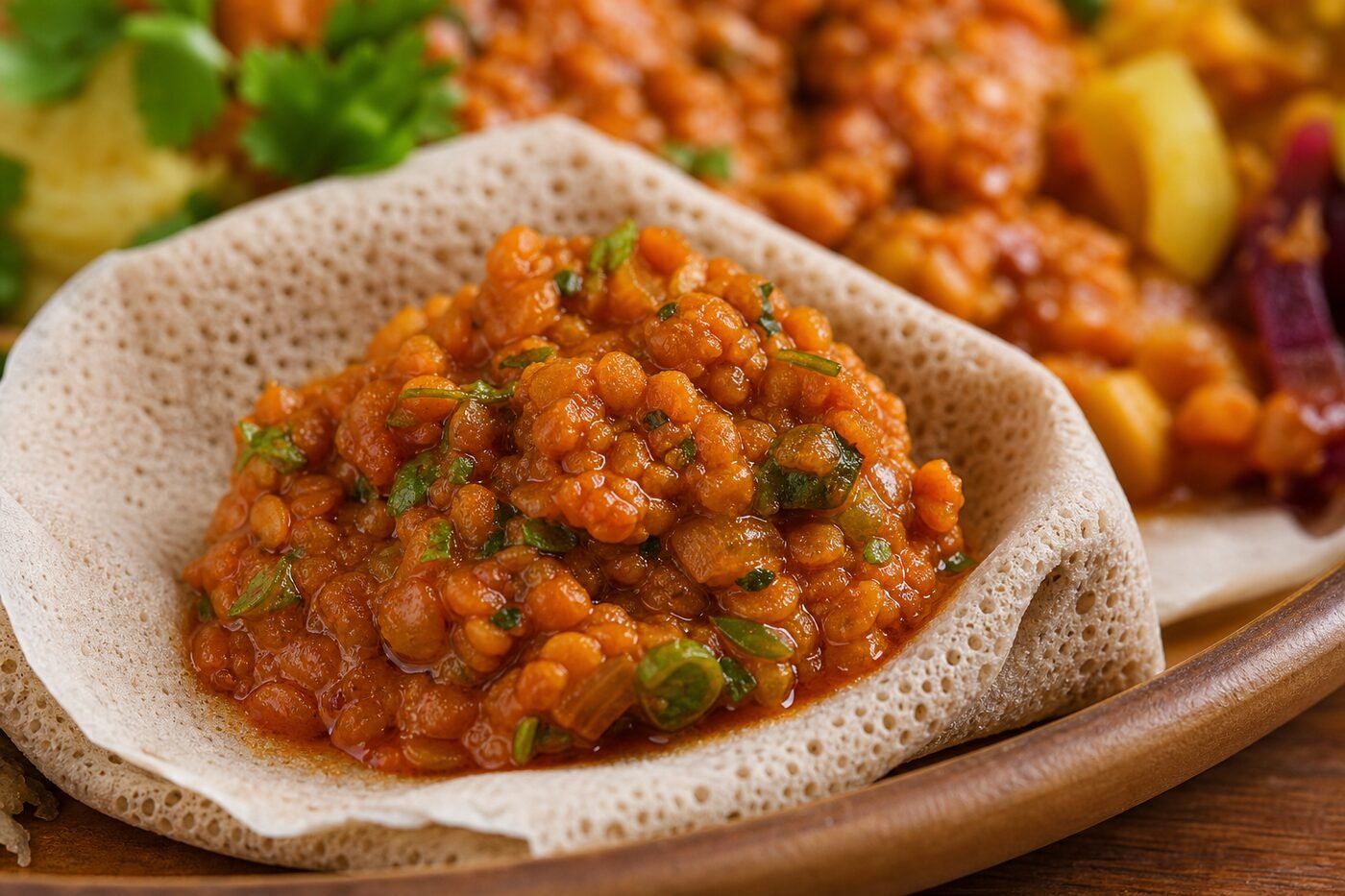 A spoonful of berbere-seasoned red lentil stew served on injera.