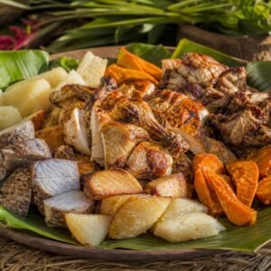 Fijian lovo with roasted chicken, pork, cassava, taro, and sweet potato arranged on banana leaves.