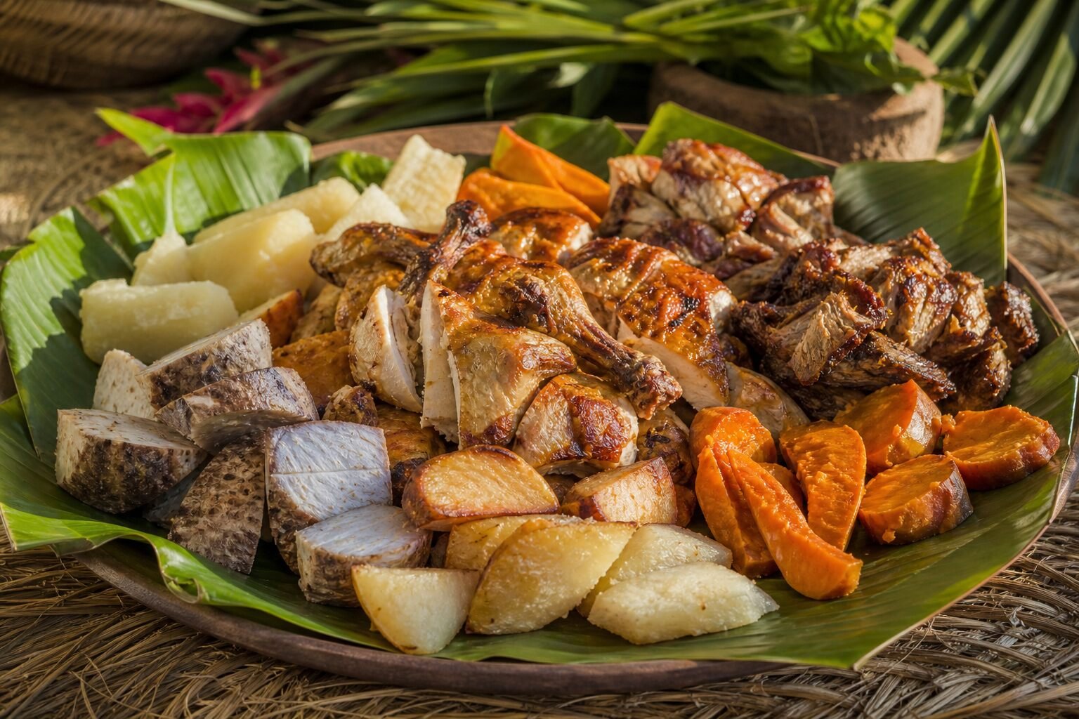 Fijian lovo with roasted chicken, pork, cassava, taro, and sweet potato arranged on banana leaves.