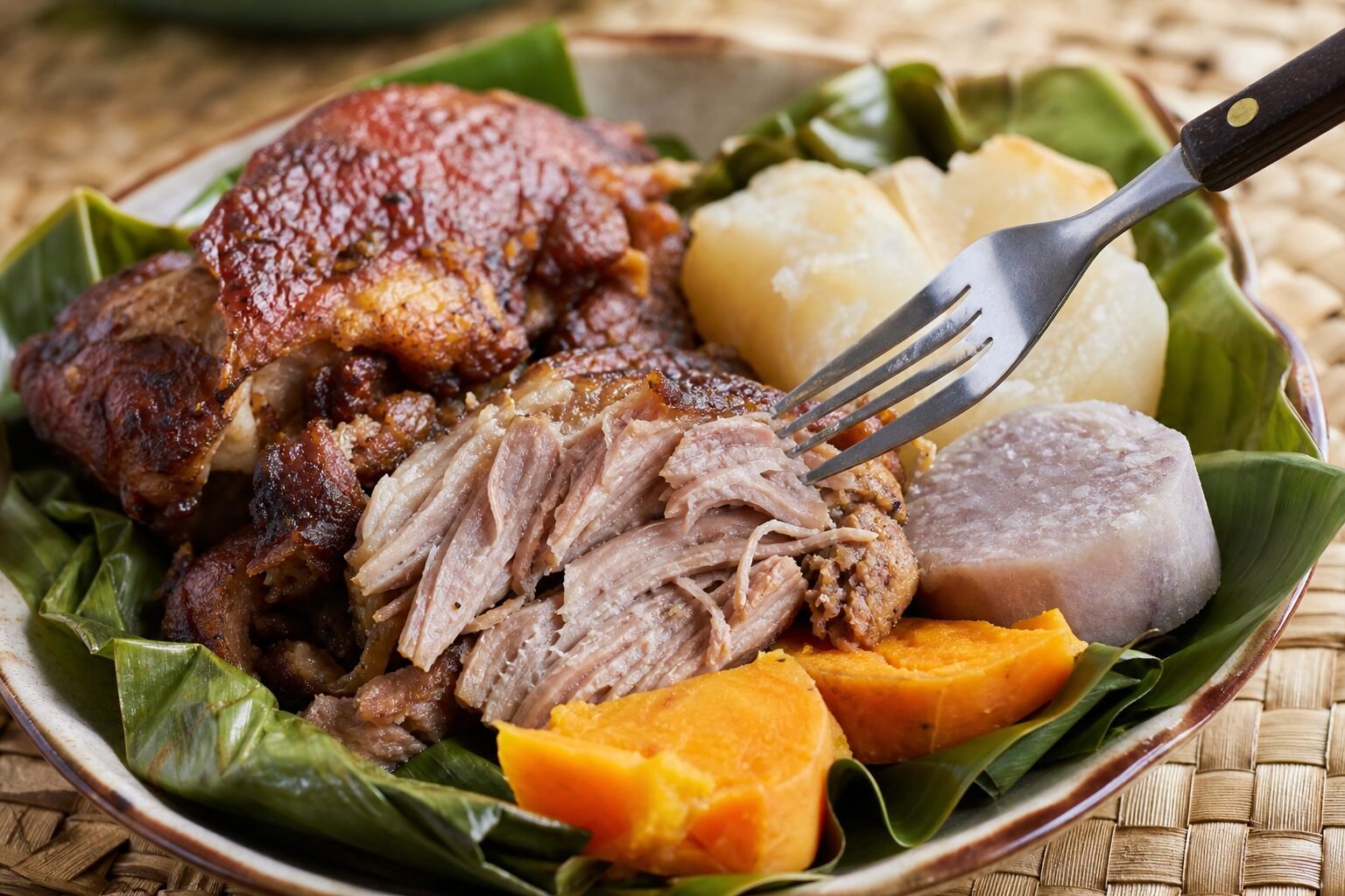 Tender roasted pork and root vegetables from a Fijian lovo served on banana leaves.