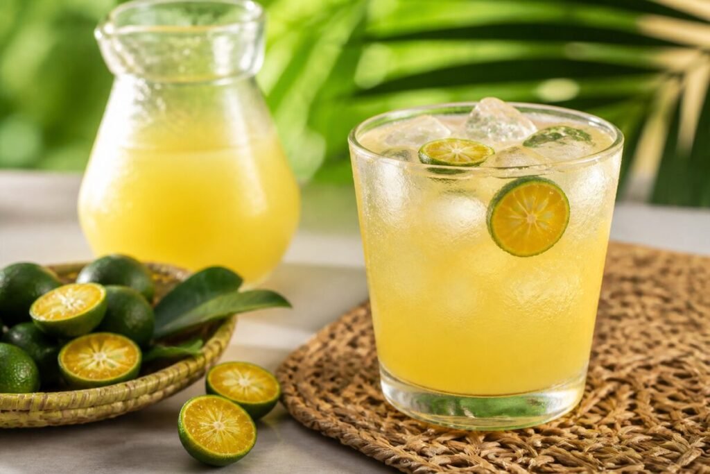 A glass and pitcher of Filipino calamansi juice over ice with fresh calamansi halves.