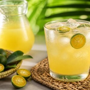 A glass and pitcher of Filipino calamansi juice over ice with fresh calamansi halves.